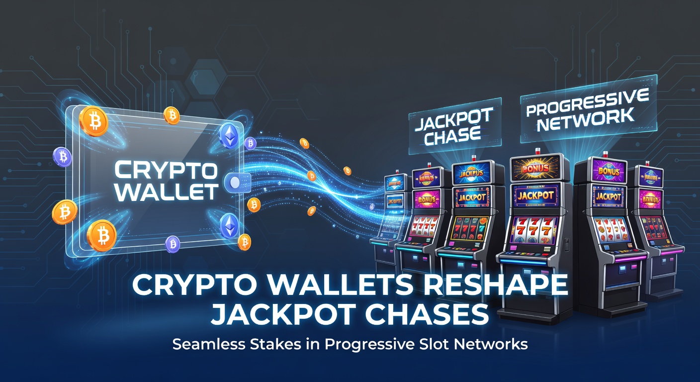 Digital illustration of a glowing progressive jackpot meter connected to cryptocurrency wallets, showing seamless blockchain transactions in an online slot environment