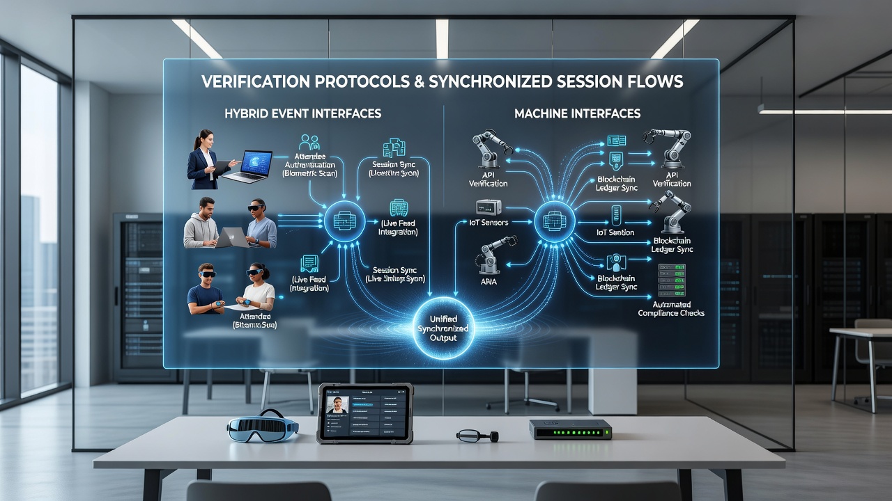 Flowchart showing synchronized session verification between portable devices, event streams, and machine interfaces