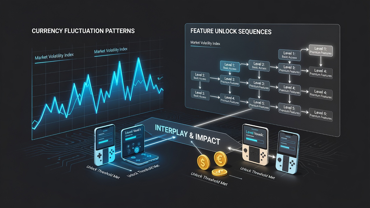 Mobile interface showing feature unlock progress tied to real-time currency charts and entertainment module outputs