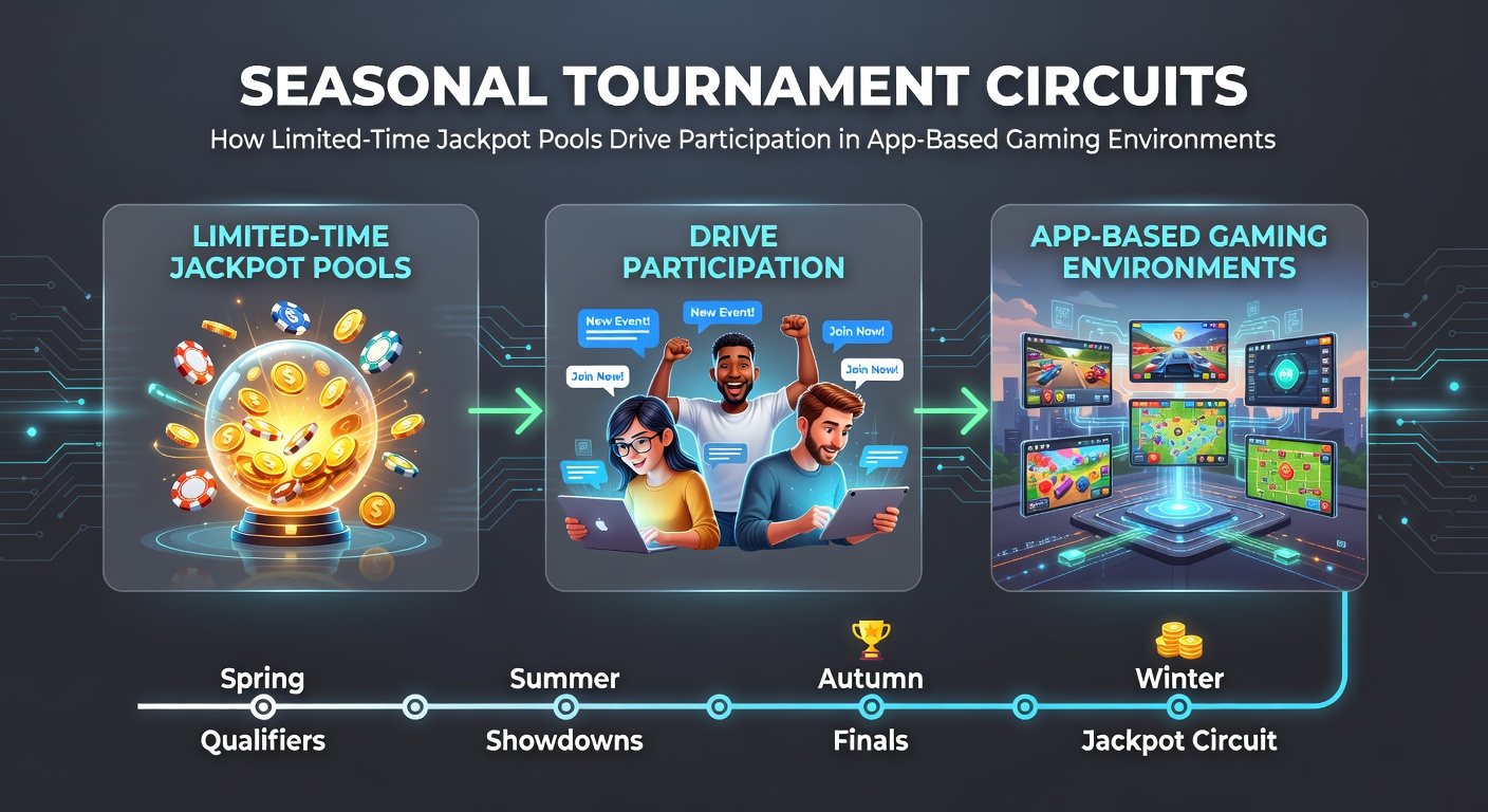 Seasonal tournament circuits in app-based gaming environments showing jackpot pools and mobile player engagement