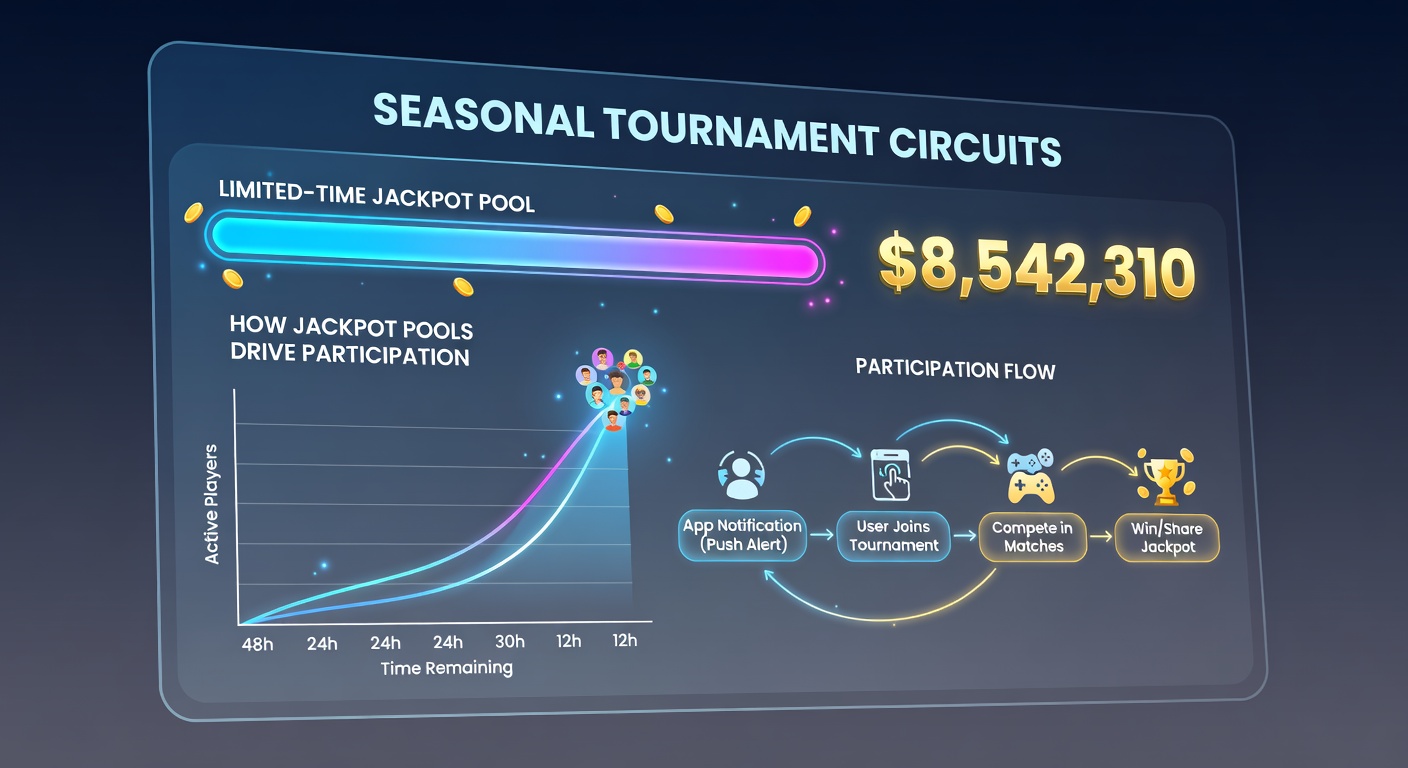 Mobile app interface displaying real-time jackpot pool growth during a seasonal tournament circuit
