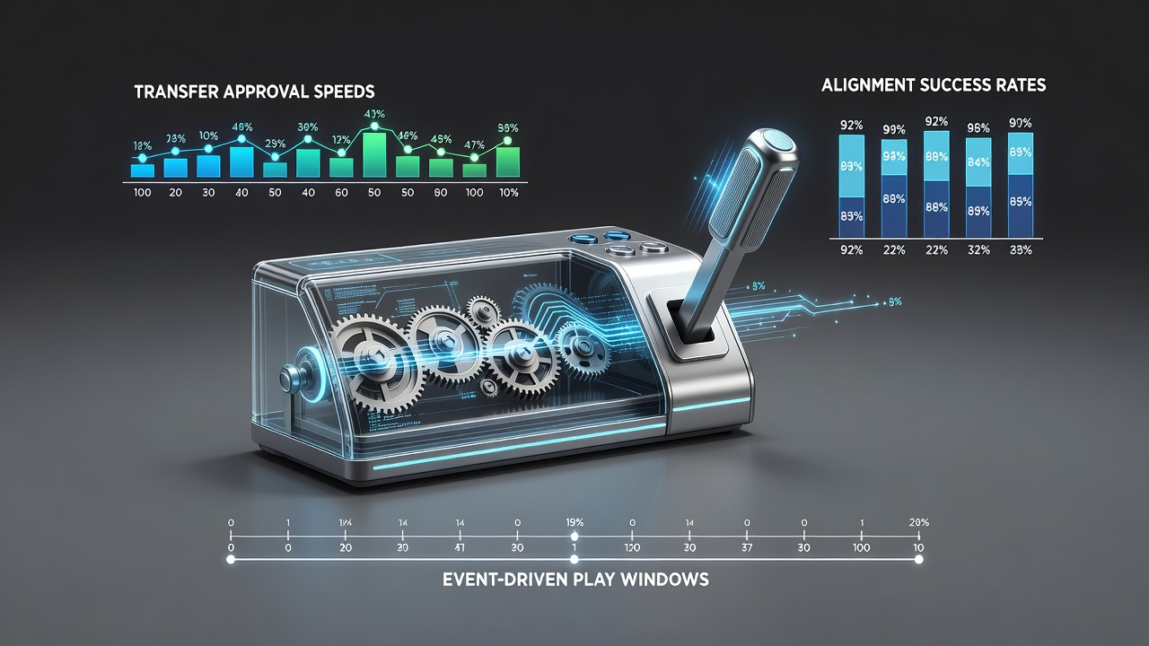 Virtual lever machine interface showing transfer status indicators during an active event window